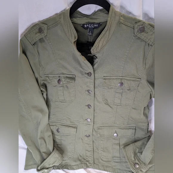 Baccini Army Green jacket, lightweight, size LARGE 4 front pockets. Button up - Picture 1 of 14